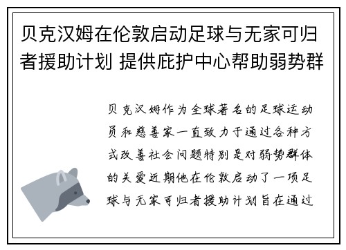 贝克汉姆在伦敦启动足球与无家可归者援助计划 提供庇护中心帮助弱势群体