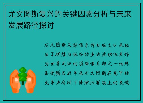 尤文图斯复兴的关键因素分析与未来发展路径探讨