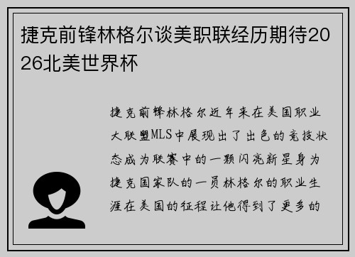 捷克前锋林格尔谈美职联经历期待2026北美世界杯 捷克前锋林格尔谈美职联经历期待2026北美世界杯