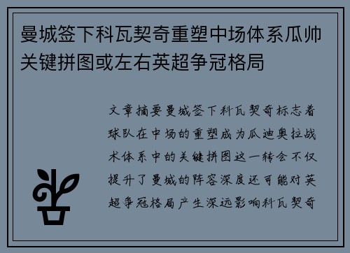 曼城签下科瓦契奇重塑中场体系瓜帅关键拼图或左右英超争冠格局